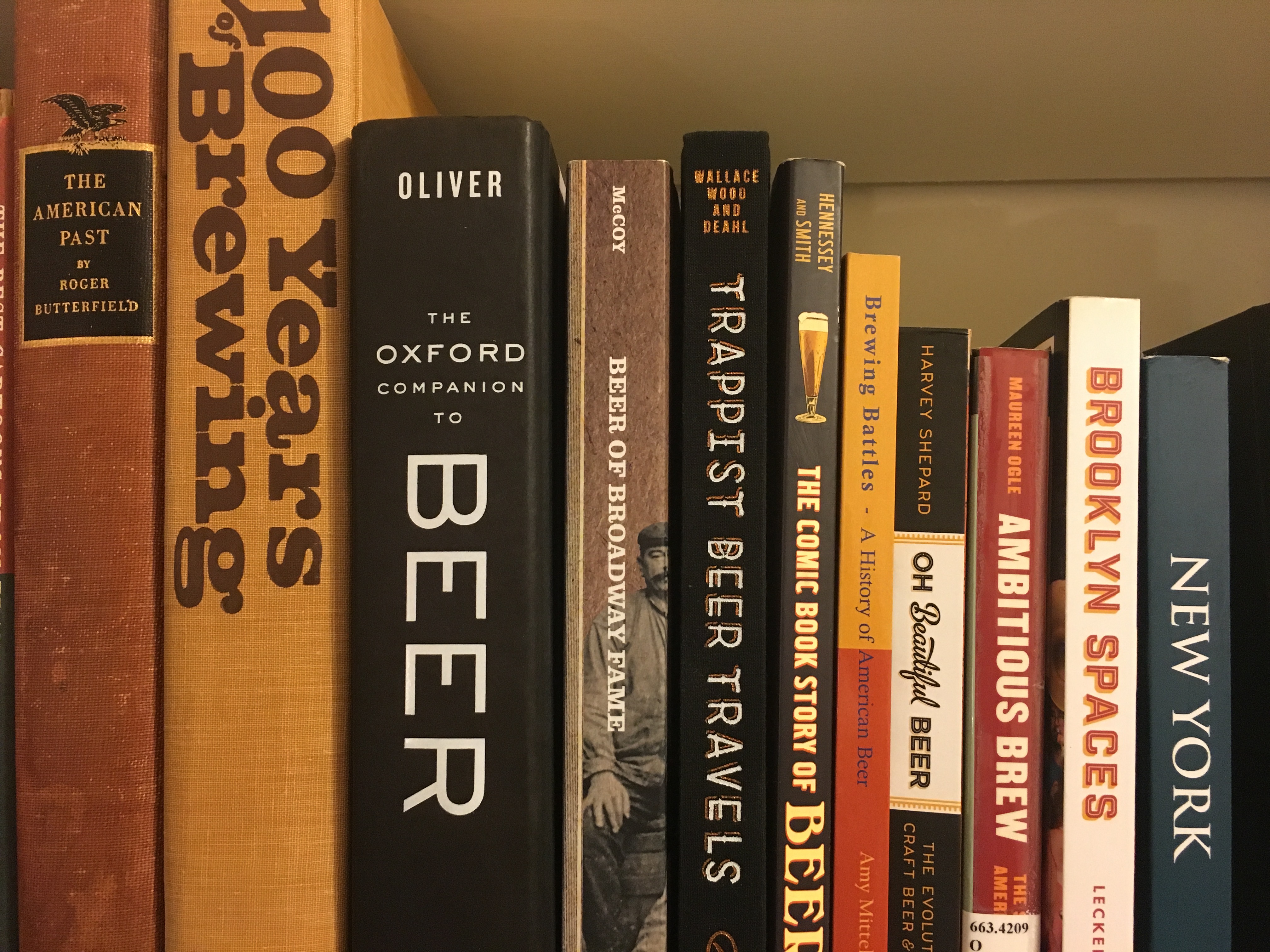 beer book spines on shelf